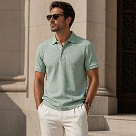Men's Polo Shirts Turndown Short Sleeves Solid Color Buttons Breathable Spring Summer Light Green