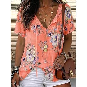 Women's Blouse Chiffon Tops Lace Tops Lace Floral Stylish Modern Short Sleeve V Neck Long Tops Casual Holiday Summer Blue White Pink Orange Green Summer Spring