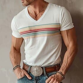 Men's Vintage Multi Color Horizontal Chest Stripes Retro 70s 80s Aesthetic V Neck T Shirt Tee Graphic Fit Short Sleeve Summer Casual Beach Daily Designer Cloth
