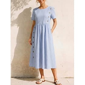 Damen Midikleid Freizeitkleid Gestreiftes Kleid A Linie Kleid Elegant Mode Täglich Urlaub Normale Passform Gestreift Kurzarm Rundhalsausschnitt Blau Schwarz So