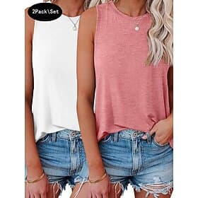 Multi Packs 2pcs Women's Crew Neck Sleeveless WhitePink Tank Sleeveless Shirt Tee Top Solid Color Casual Daily Polyester Summer