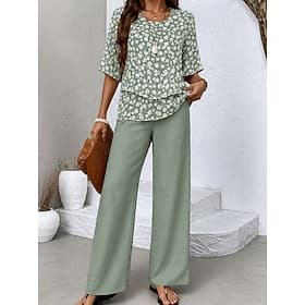 Women's Pants Sets Short Sleeve Half Sleeve Butterfly Sleeve Round Neck Floral Graphic Elegant Vacation Casual Daily Beach Purple Green Spring Summer Regular