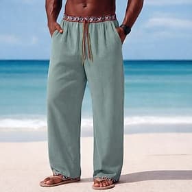 Men's Linen Pants Trousers Summer Pants Baggy Pants Beach Pants Drawstring Elastic Waist Print Comfort Breathable Full Length Casual Daily Holiday Vacation Fas