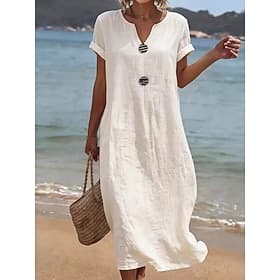 Women's Midi Dress Beach Dress Casual Dress Summer Dress Basic Classic Daily Vacation Loose Fit Plain Short Sleeve V Neck White Navy Blue Green Summer Spring