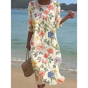 Women's Midi Dress Shift Dress Vacation Casual Beach Beach Regular Fit Floral Graphic 3/4 Length Sleeve Crew Neck White Yellow Pink Beige Summer Spring