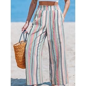 Women's Linen-feel Pants Wide Leg Chinos Summer Pants Vacation Fashion Streetwear Full Length High Waist Lines / Waves Pocket Elastic Waistband Printing Comfy