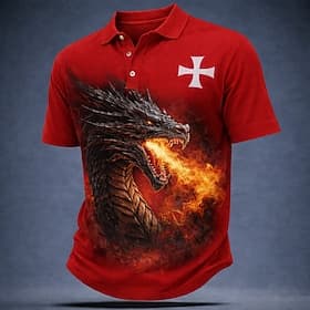 Men's Dragon Cross Polo Shirts Short Sleeve Polo Shirts Lapel Vintage Casual Street Athleisure Daily Wear 3D Print Buttons Breathable Mesh Summer Spring Black