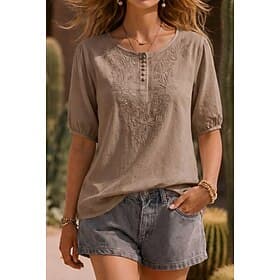 Mujer Camiseta de lino y algodón Camiseta superior Bordado Botón frontal Floral Vintage Étnico Casual Manga Corta Cuello Barco Escote Redondo Tops regulares Di