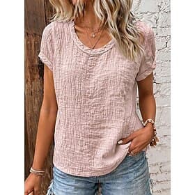 Femmes Chemise Chemises effet lin Chemisier Uni Classique Occasionnel Sans manches Manche Courte Col ras du cou Hauts Réguliers Occasionnel Quotidien Fête Bleu