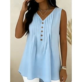 Femmes Chemisier Froncé Boutons Couleur Unie Élégant Basique Occasionnel Sans manches Col en V Hauts Réguliers Quotidien Bleu Noir Blanche Jaune Vin Été Printe