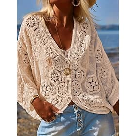 Women's Swimwear Cover Up Swimsuit Crochet Vacation Beach Wear Solid Color Floral V Neck Long Sleeve Bathing Suits
