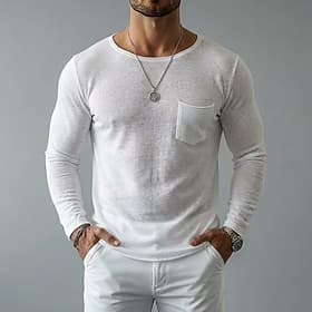 Men's Linen T-Shirt Long Sleeve Bateau Spring Summer Summer Spring Solid Color Plain Vintage Bohemian Casual Pocket Plain Casual Vacation Street Blue Black Wh