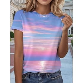 Women's T Shirt Print Ombre Graphic Bohemia Hawaiian Stylish Short Sleeve Crew Neck Regular Tops Daily Blue Pink Purple Summer Spring