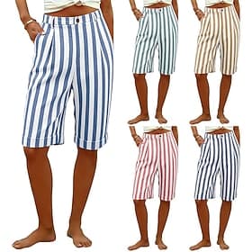 Femmes Short en coton et lin Pantalon capri Shorts Shorts d'été Vacances Mode Streetwear Longueur Genou Taille haute Rayure Avec Poches Respirabilité Confortab
