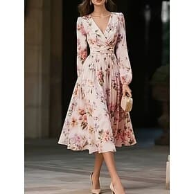 Women's Midi Dress Chiffon Dress Floral Dress Print Dress Elegant Modern Outdoor Vacation Going out Regular Fit Floral Long Sleeve V Neck Pink Summer Spring