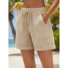 Per donna Pantaloncini in cotone e lino Chinos Shorts Pantaloncini Estivi Vacanza Essenziale Corto Vita Alta Semplice Tasca Fascia Elastica Comodo Comodità Mor