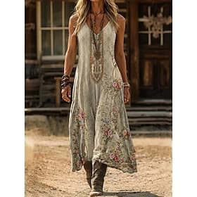 Femmes Robe Midi Robe bohème Robe Vintage Robe Décontractée ancien Fluide Maison Rue Fête Coupe régulière Bohème Fleuri Sans manches Col en V Vert cendré Rouge