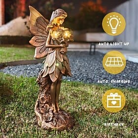 Outdoor Solar Waterproof Copper Fairy Statue Garden Lamp, Lawn Yard Decor Lighting, Patio Sculpture, Fairy Figurine Solar Powered Garden Ornament