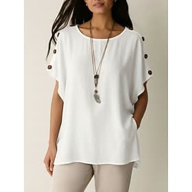 Women's Blouse Solid Color Elegant Casual Short Sleeve Round Neck Long Tops Casual Daily Summer White Pink Sky Blue Brown Spring