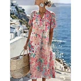 Women's Midi Dress Sundress Casual Dress Vacation Casual Beach Beach Loose Fit Floral Graphic Short Sleeve V Neck Blue Yellow Pink Purple Summer Spring
