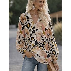 Women's Shirt Casual Shirt Summer Tops Graphic Leopard Elegant Bohemia Vacation Long Sleeve V Neck Long Tops Daily Outdoor Streetwear Leopard Pink Brown Summer