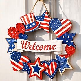 Wooden 4th of July Decorations Patriotic Wreaths for Front Door Independence Day Decorations Star Sign Welcome Memorial Day Hanging for Home Wall Decor Outdoor