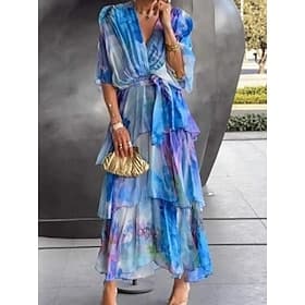 Women's Midi Dress Chiffon Dress Tiered Dress Print Dress Fashion Modern Vacation Going out Weekend Regular Fit Abstract Short Sleeve V Neck Blue Yellow Purple