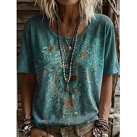 Femmes T-shirt Imprimé Fleuri Graphique Plantes ancien Élégant Occasionnel Manche Courte Col en V Hauts Réguliers Occasionnel Quotidien Week-end Bleu Rose Clai