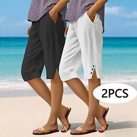 Multi Packs 2pcs Women's Linen Shorts Capri Pants Summer Shorts Casual Shorts Vacation Streetwear Basic Calf-Length Natural Plain Pocket Breathability Soft Com