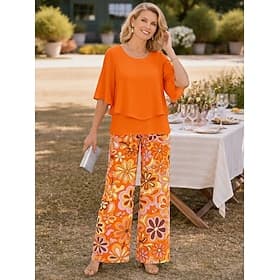 Femmes Ensembles de Pantalons Manche Courte Demi Manches Papillon Col rond Fleuri Graphique Élégant Vacances Occasionnel Quotidien Orange Vert Beige Printemps