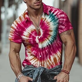 Men's Hippie Tie Dye Print Shirt Button Up Shirt Short Sleeve Fashion Casual Streetwear Vacation Summer Spring Turndown 3D Print Collared Shirts Red Purple Ora