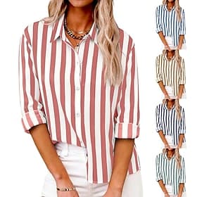Women's Shirt Cotton Linen Shirts Blouse Patchwork Buttons Striped Stylish Classic Modern Long Sleeve Shirt Collar Regular Tops Daily Holiday Going out Blue Pi