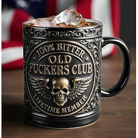 Old Fckers Club Lifetime Member Mug, 10oz Resin Coffee Cup with Vintage Skeleton Design, Bold Humor Drinkware for Daily Use, Old Fuckers Gag Gift for Men Old