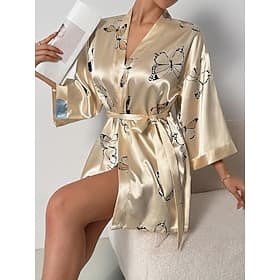 Women's Loungewear Robe Nightgown Fashion Casual Graphic Butterfly Satin Silky Pajamas Pyjamas Patchwork Dress Home Vacation Half Sleeve V Neck Champagne Summe