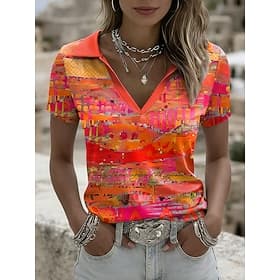 Women's T Shirt Print Graphic Geometric Stylish Classic Casual Short Sleeve Polo Collar Regular Tops Casual Daily Sports Blue Purple Orange Green Summer Spring