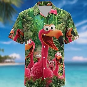 Men's Flamingo Bird Rainforest Shirt Cuban Collar Shirt Summer Hawaiian Shirt Short Sleeve Hawaiian Resort Vacation Holiday Beach Wear Summer Spring Camp Colla