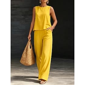 Women's Cotton Linen Sets Two Piece Sets Blouse Sleeveless Crew Neck Round Neck Solid Color Plain Elegant Fashion Streetwear Casual Daily Outdoor Black Yellow