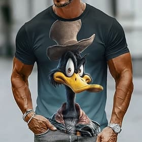 Funny Cartoon Duck Wearing Top Hat and Vest Men's 3D Animated Vintage Style Graphic T Shirt Crew Neck Short Sleeve Black Casual Streetwear Gift for Duck Lovers