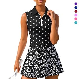 Damen Geometrisch Tupfen Blumenmuster Tenniskleid Sportkleid Ärmellos Blumen Atmungsaktiv Tennis Golfspiel Badminton Polokragen Reißverschlusskragen Kleid Schw