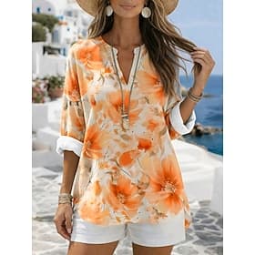 Women's Blouse Print Floral Graphic Vintage Daily Stylish Long Sleeve V Neck Regular Tops Casual Daily Holiday Blue Yellow Purple Orange Summer Spring
