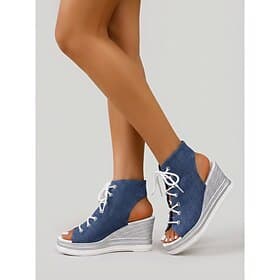 Sandalias de cuña vaqueras con cordones para mujer – alpargatas de plataforma con puntera abierta, ideales para festivales de música, vacaciones y ocasiones in