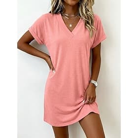 Femmes Mini robe Robe T-Shirt Basique Classique Quotidien Week-end Coupe régulière Uni Manche Courte Col en V Bleu Noir Rose Claire Vert foncé Été Printemps