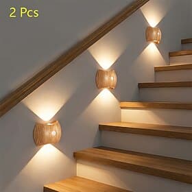 2 Pcs Smart Motion Sensor Wood-Grain Rechargeable Night Lights, Magnetic Clip-On, No Wiring Needed, LED Lamps for Indoor Use – Bedroom, Hallway, Staircase, Cab