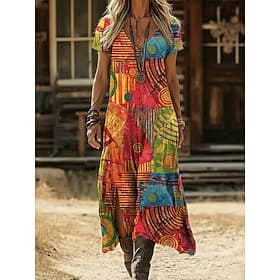 Damen Midikleid Boho-Kleid Freizeitkleid A Linie Kleid Druckkleid Vintage Outdoor Urlaub Wochenende Normale Passform Blumen Grafik Abstrakt Kurzarm V Ausschnit
