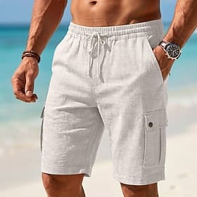 Men's Cargo Shorts Linen Shorts Summer Shorts Beach Shorts Drawstring Elastic Waist Cargo Pocket Color Block Plain Solid Comfort Breathable Knee Length Casual