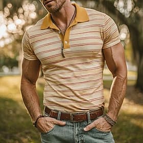 Men's Striped Polo Shirts Short Sleeve Polo Shirts Collared Shirts Casual Athleisure Buttons Spring Summer Blue Yellow Purple