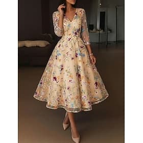 Ligne A Longueur cheville Robes de Cocktail Élégant ancien Floral Demi Manches Col en V Fête de jardin Mariage Satin Tulle avec Fleur brodée Plis Broderie