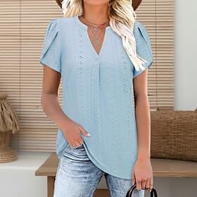 Women's Eyelet Top Pointelle Tee Textured Graphic Plants Stylish Classic Short Sleeve V Neck Regular Tops Casual Daily Beach Yellow Dusty Rose Green Light Blue
