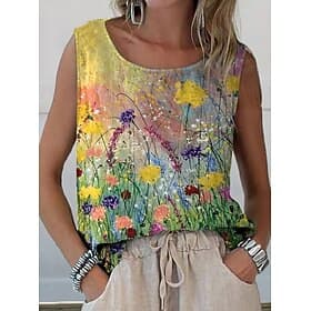 Women's Camisole Tank Top Floral Graphic Elegant Bohemia Vintage Sleeveless Crew Neck Regular Tops Casual Yellow Summer Spring
