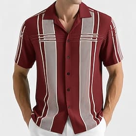 Men's Geometric Striped Shirt Bowling Shirt Camp Collar Shirt Short Sleeve Fashion Casual Streetwear Vacation Summer Spring Cuban Collar 3D Print Button Up Shi
